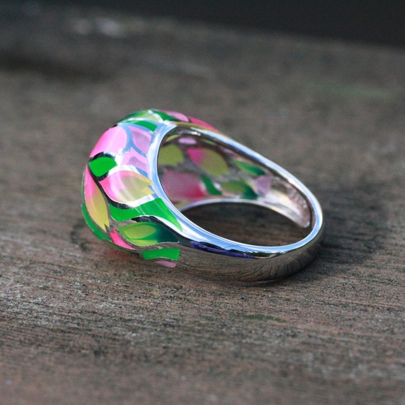 Pink Flower Enamel Ring Handcrafted in Sterling Silver 925 , Last one size 9 1/2 - Picture 7 of 10